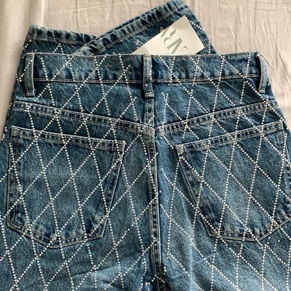 ZARA TRF MID RISE RHINESTONE JEANS - Sparkly Light Wash Denim - Picture 12 of 14